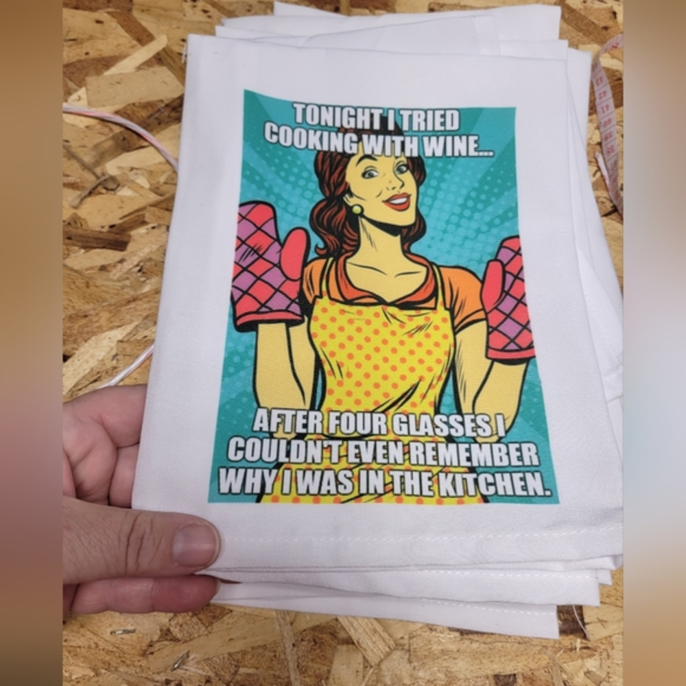 Handmade Snarky Kitchen Towel Decorative 20x20 inches Cooking With Wine